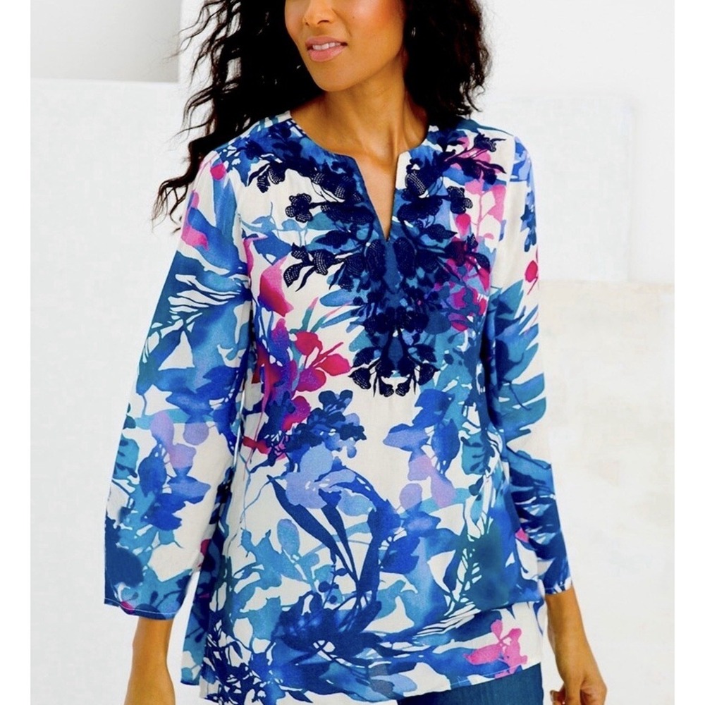 NWT Chico's Tunic Blouse Blue Pink Watercolor Embroidered Boho Resort Coastal 2X